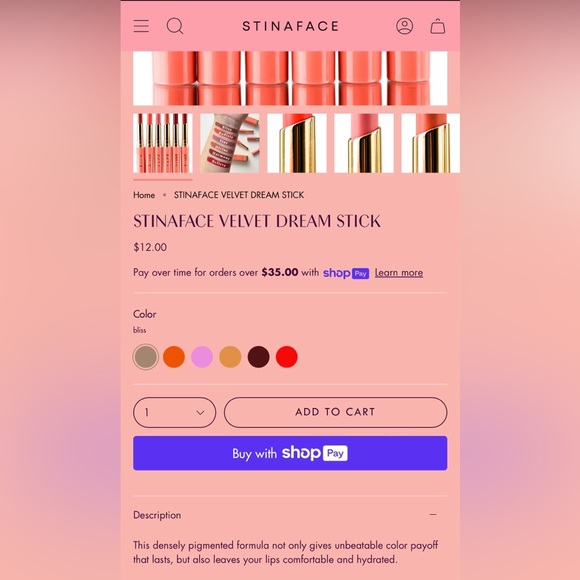 2/$25 STINA FACE VELVET DREAMSTICK LIPSTICK name BLISS - BRAND NEW IN THE BOX! - Picture 6 of 6